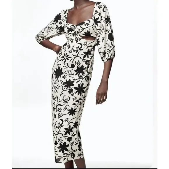 Zara | Dresses | Zara Woman Linen Blend Floral Midi Dress Ecrublack |  Poshmark